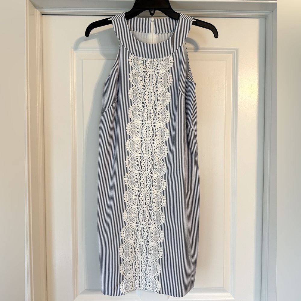 Blue White Stripe and Lace Appliqué Dress Sleeveless NWOT